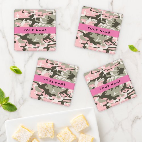 Pink and Green Camouflage Your name Personalize Coaster Set