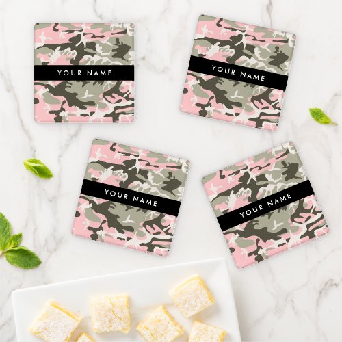 Pink and Green Camouflage Your name Personalize Coaster Set