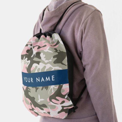 Pink and Green Camouflage Your name Personalize Drawstring Bag