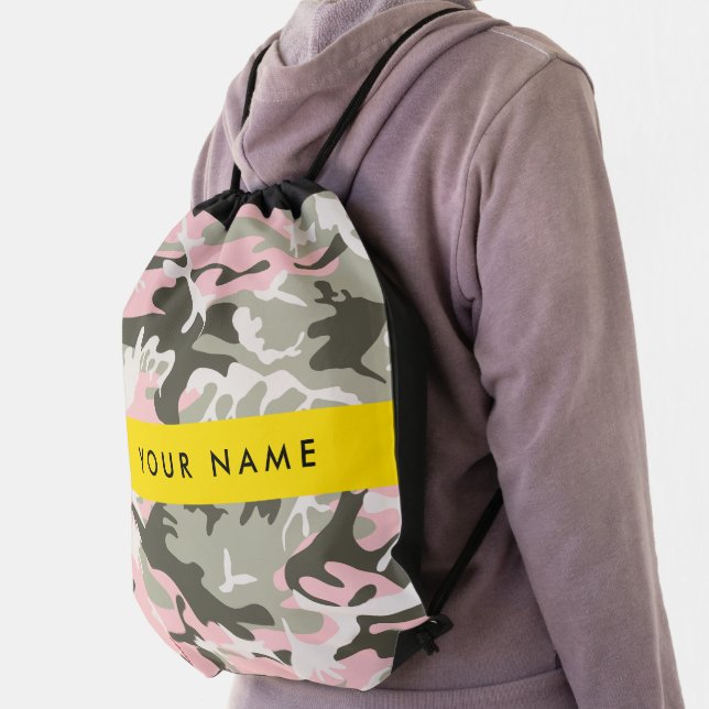 Pink and Green Camouflage Your name Personalize Drawstring Bag (Insitu)