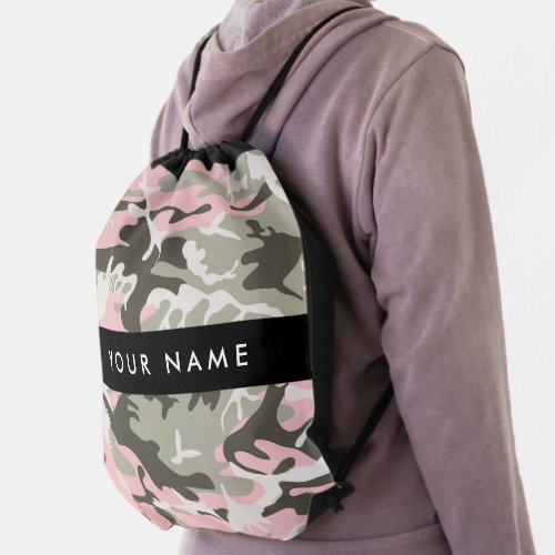 Pink and Green Camouflage Your name Personalize Drawstring Bag