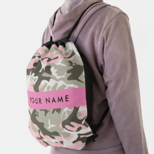 Pink and Green Camouflage Your name Personalize Drawstring Bag