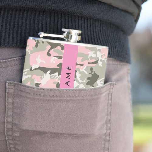 Pink and Green Camouflage Your name Personalize Flask