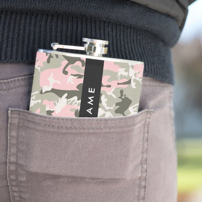 Pink and Green Camouflage Your name Personalize Flask (In Situ)