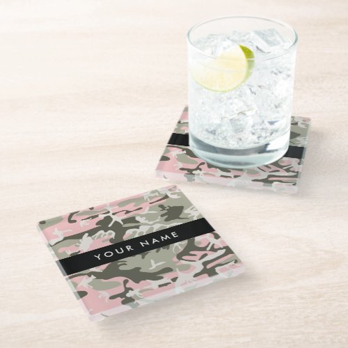 Pink and Green Camouflage Your name Personalize Glass Coaster