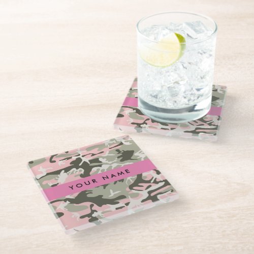 Pink and Green Camouflage Your name Personalize Glass Coaster