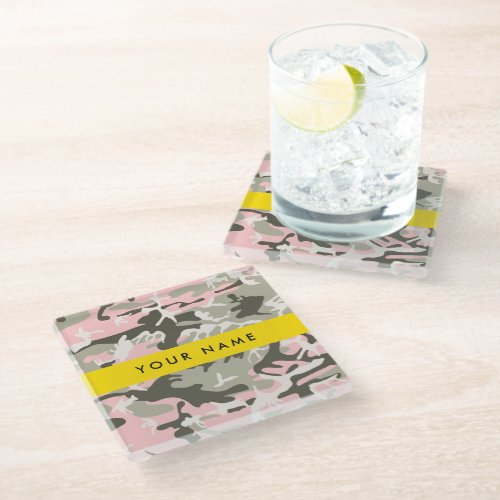 Pink and Green Camouflage Your name Personalize Glass Coaster