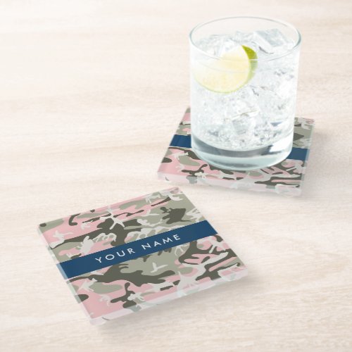 Pink and Green Camouflage Your name Personalize Glass Coaster