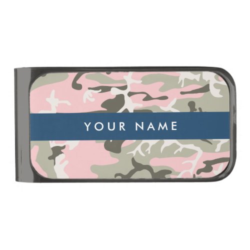 Pink and Green Camouflage Your name Personalize Gunmetal Finish Money Clip