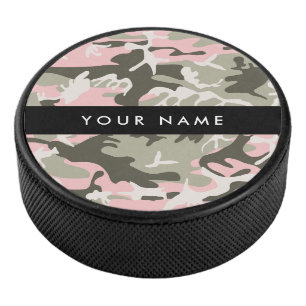 Pink and Green Camouflage Your name Personalize Hockey Puck