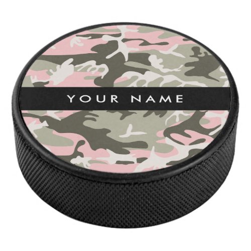 Pink and Green Camouflage Your name Personalize Hockey Puck