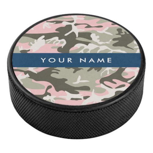 Pink and Green Camouflage Your name Personalize Hockey Puck