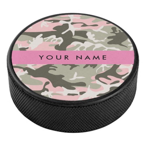 Pink and Green Camouflage Your name Personalize Hockey Puck