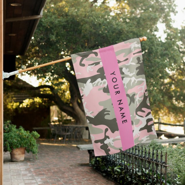Pink and Green Camouflage Your name Personalize House Flag (In SItu)