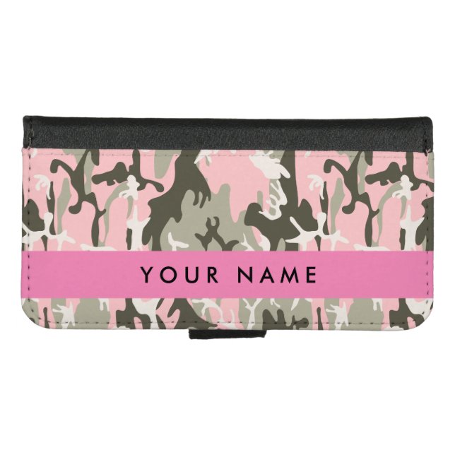 Pink and Green Camouflage Your name Personalize iPhone Wallet Case (Front (Horizontal))