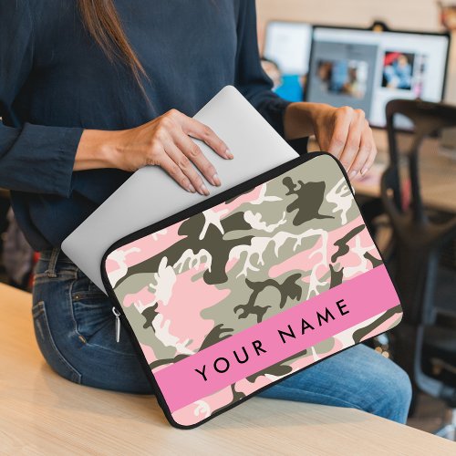 Pink and Green Camouflage Your name Personalize Laptop Sleeve