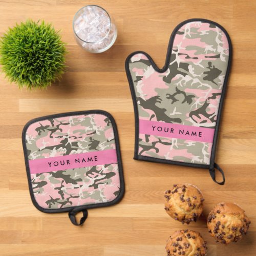 Pink and Green Camouflage Your name Personalize Oven Mitt  Pot Holder Set