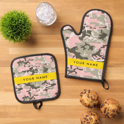 Pink and Green Camouflage Your name Personalize Oven Mitt  Pot Holder Set