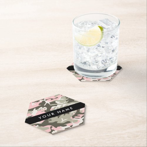 Pink and Green Camouflage Your name Personalize Paper Coaster