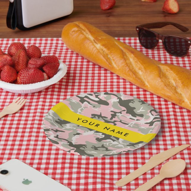 Pink and Green Camouflage Your name Personalize Paper Plates (Picnic)