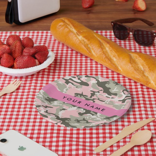 Pink and Green Camouflage Your name Personalize Paper Plates (Picnic)