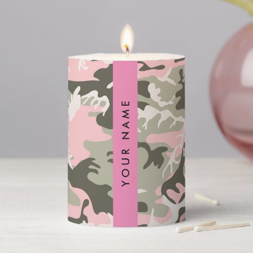 Pink and Green Camouflage Your name Personalize Pillar Candle