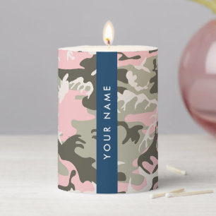 Pink and Green Camouflage Your name Personalize Pillar Candle