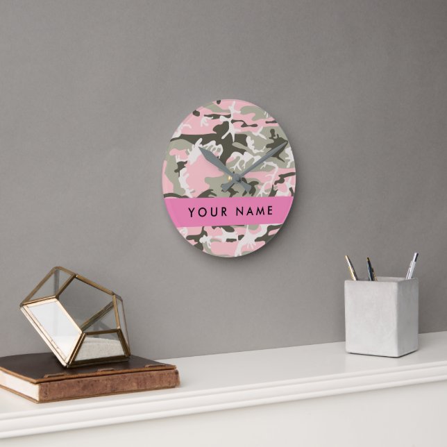 Pink and Green Camouflage Your name Personalize Round Clock (Office)