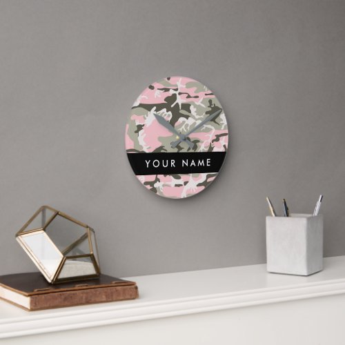 Pink and Green Camouflage Your name Personalize Round Clock