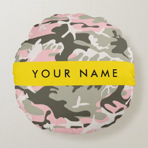 Pink and Green Camouflage Your name Personalize Round Pillow