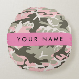 Pink and Green Camouflage Your name Personalize Round Pillow