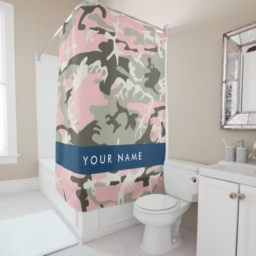 Pink and Green Camouflage Your name Personalize Shower Curtain