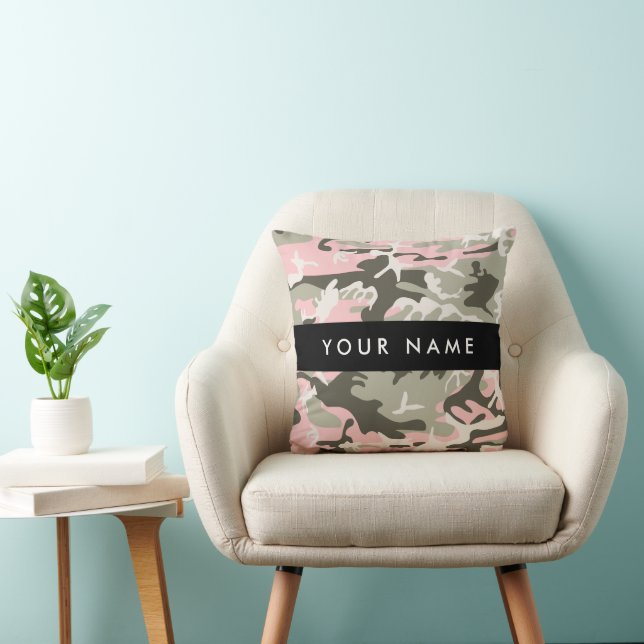 Pink and Green Camouflage Your name Personalize Throw Pillow (Chair)