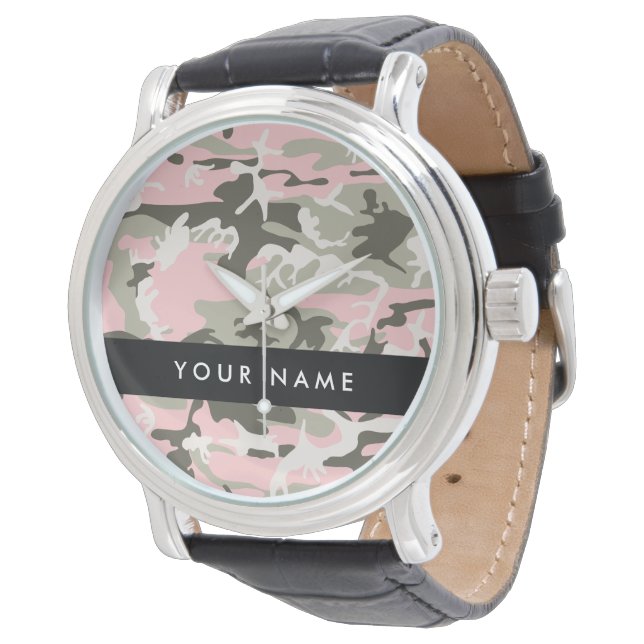 Pink and Green Camouflage Your name Personalize Watch (Angled)