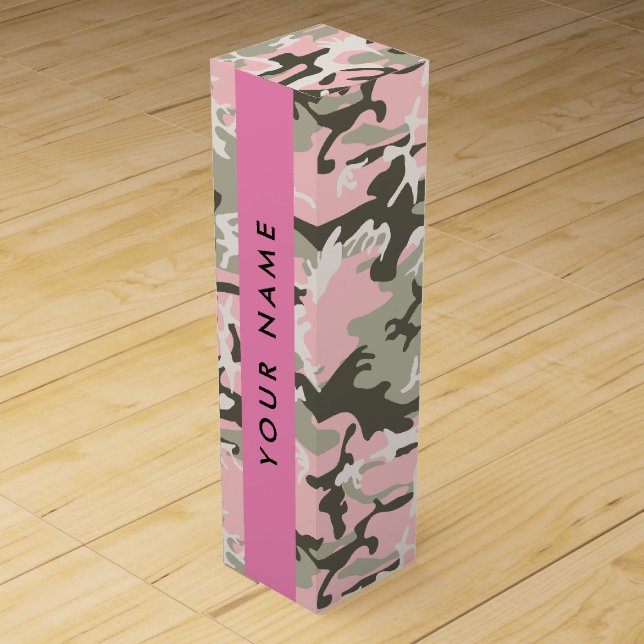 Pink and Green Camouflage Your name Personalize Wine Box (Front)
