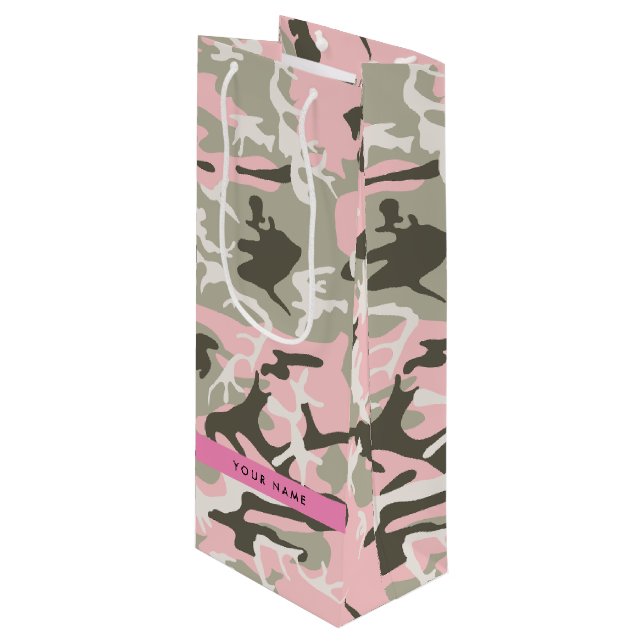Pink and Green Camouflage Your name Personalize Wine Gift Bag (Front Angled)