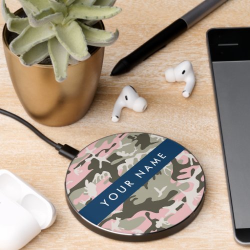 Pink and Green Camouflage Your name Personalize Wireless Charger