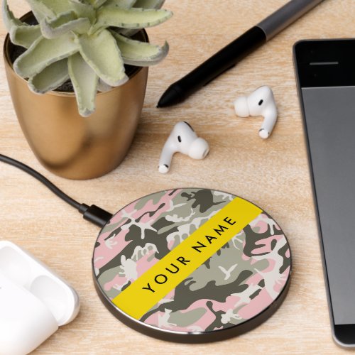 Pink and Green Camouflage Your name Personalize Wireless Charger