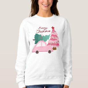 Pink and green car with Christmas tree Sweatshirt