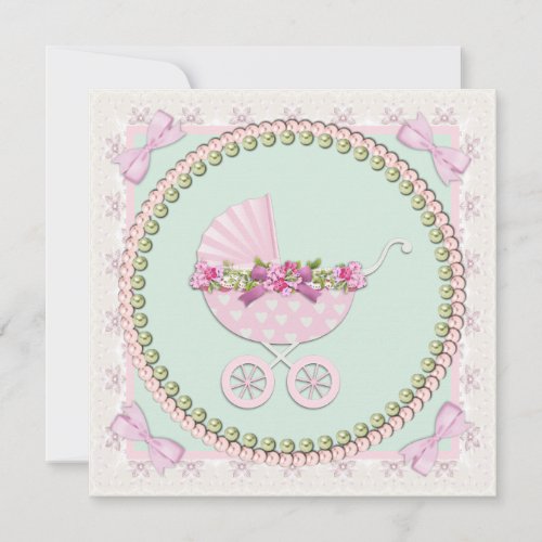 Pink and Green Carriage Baby Shower Announcements