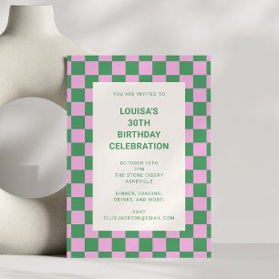 Pink and Green Checkerboard 30th Birthday Party Invitation