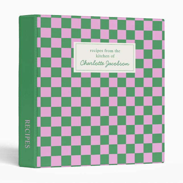 Pink and Green Checkerboard Monogram Recipe 3 Ring Binder (Front/Spine)