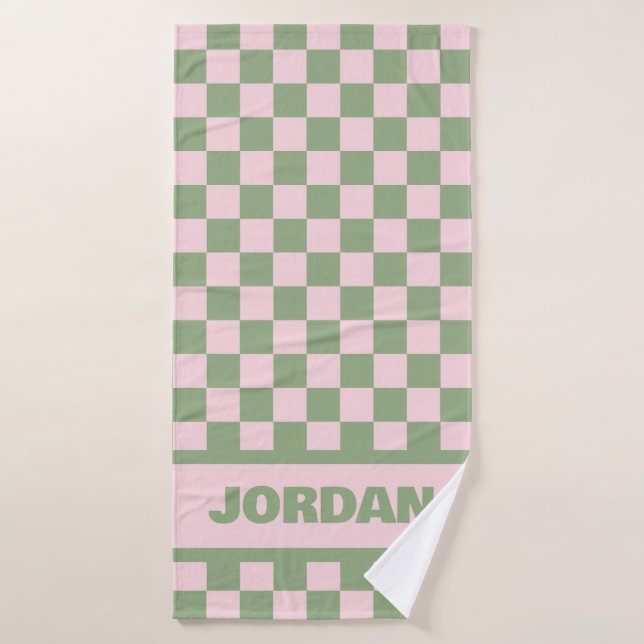 Pink and Green Checkerboard Towel with Custom Name (Bath Towel)