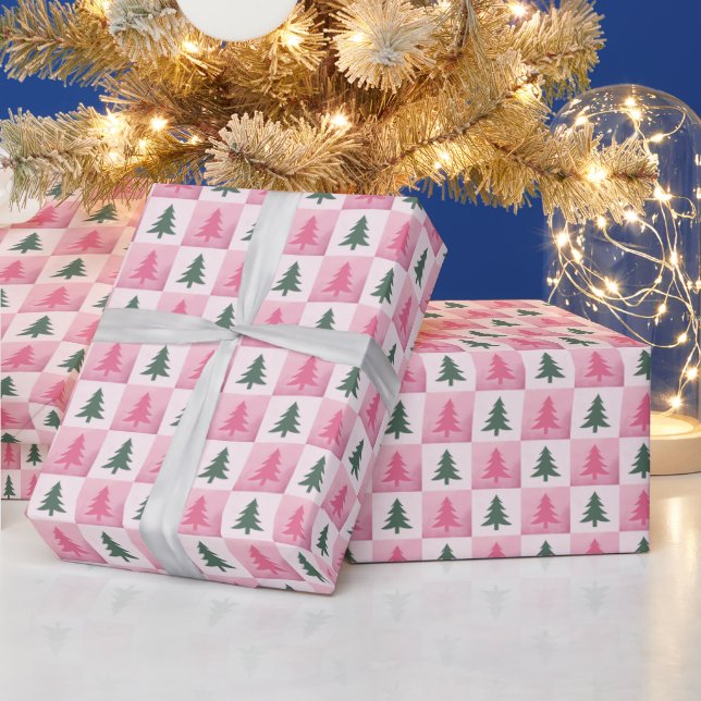 Pink and Green Checkerboard Trees Modern Christmas Wrapping Paper (Holidays)