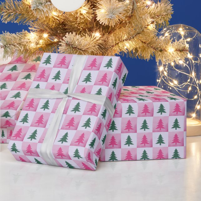 Pink and Green Checkerboard Trees Modern Christmas Wrapping Paper (Holidays)