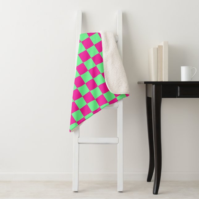 Pink and Green Checkered Print Sherpa Blanket (In Situ)