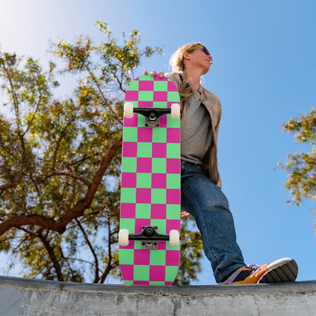 Pink and Green Checkered Print Skateboard (Outdoor 1)