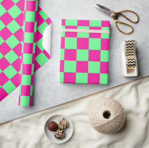 Pink and Green Checkered Print Wrapping Paper
