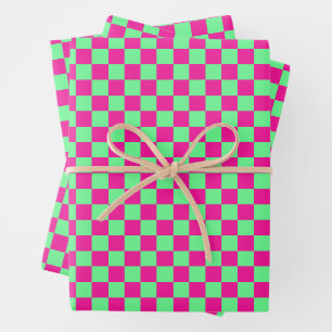 Pink and Green Checkered Print Wrapping Paper Sheets