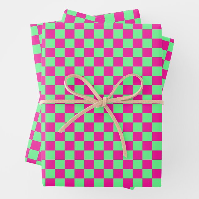 Pink and Green Checkered Print Wrapping Paper Sheets (In situ)
